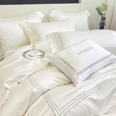 Pure White Pink Luxury Love Home 100% Cotton Lines Embroidery Bedding Set